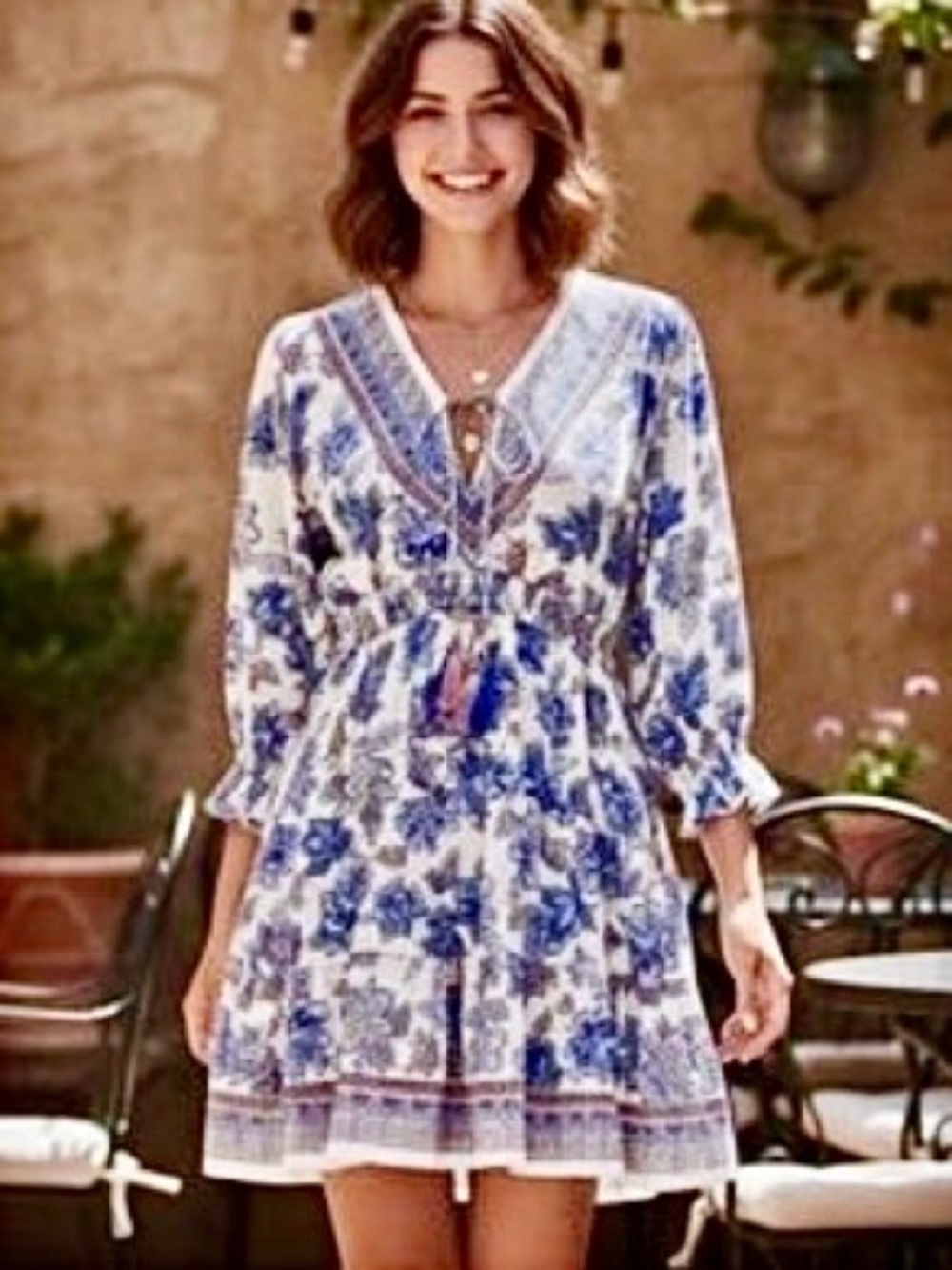 💙ANGIE💙 FLORAL EMPIRE ELASTIC WAIST TASSEL TIE STRING V-NECK LONG SLEEVE DRESS